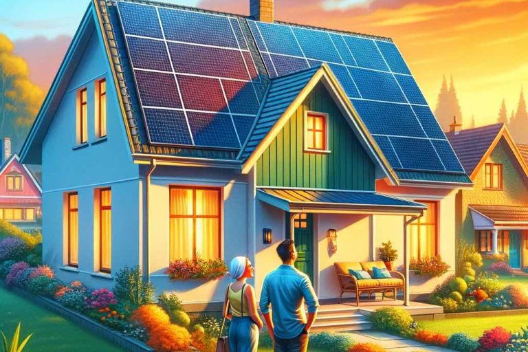 Home owners looking at their home and admiring their solar panels.