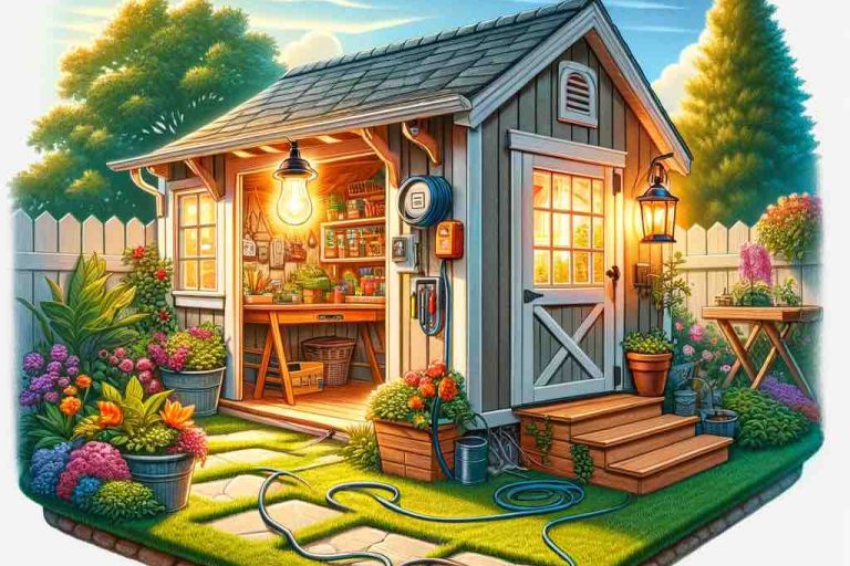 Image of a Back yard shed with power. Stack Electric