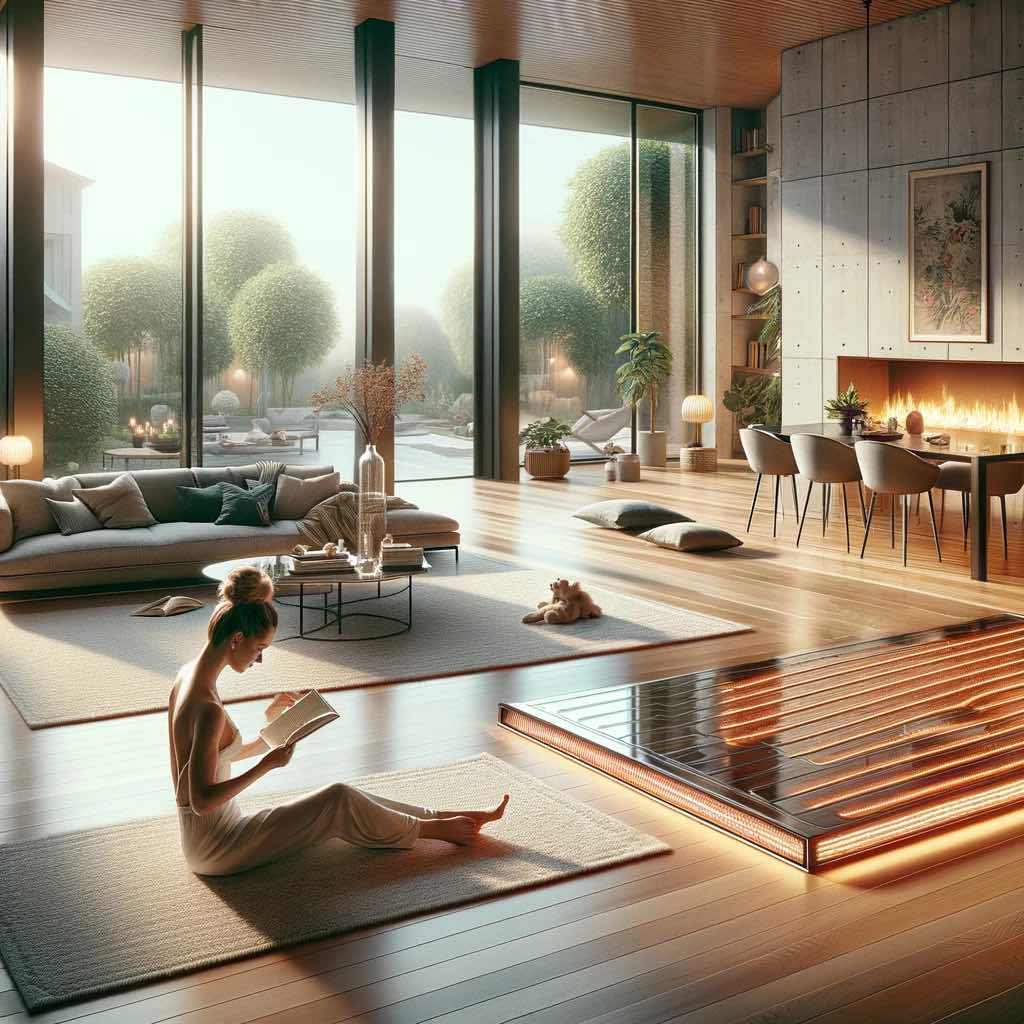 Home owner enjoying her heated floors image of a home owner enjoying her new heated floors