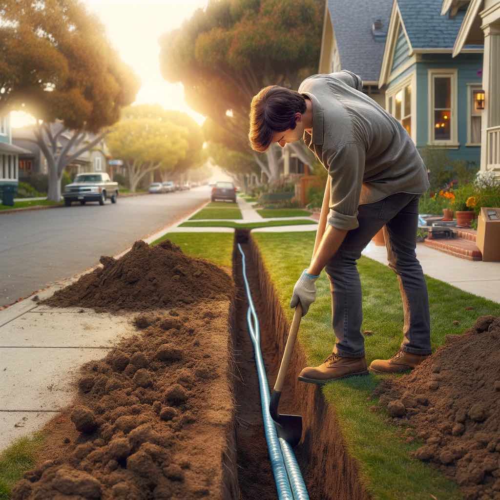 In-ground electrical work image of home owner digging in front yard