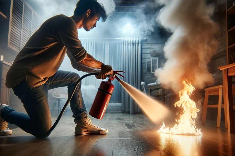 A person putting out a fire with a fire extinguisher. Stack Electric Putting out a fire with an extinguisher. Stack Electric
