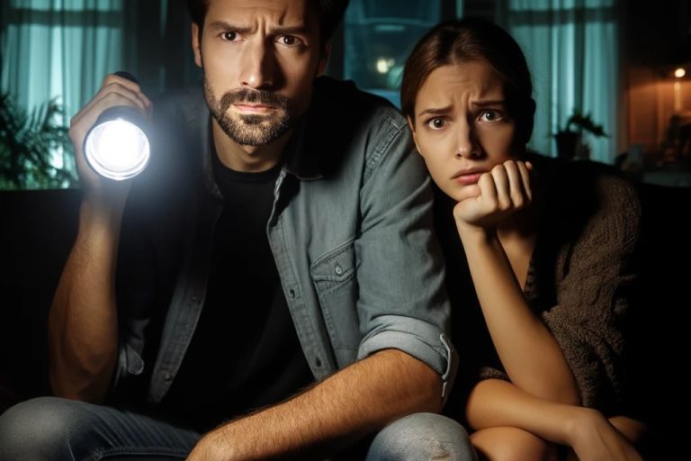 Worried couple in a power outage in Hamilton A worried couple during a power outage in Hamilton