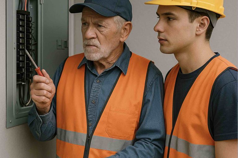 Older experienced electrician and a new young electrician Image of an older experienced electrician and younger new electrician