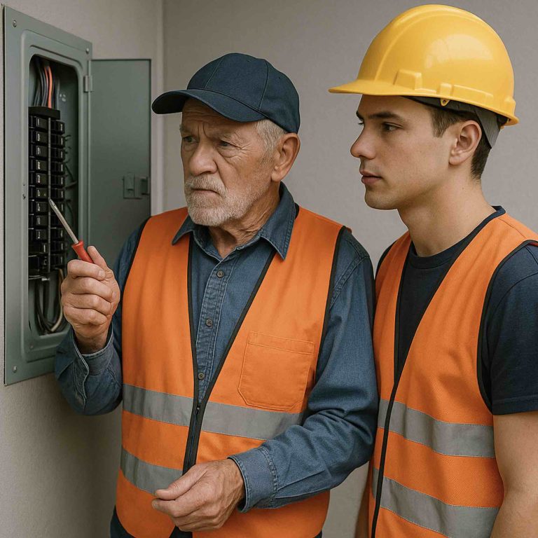 Older experienced electrician and a new young electrician Image of an older experienced electrician and younger new electrician