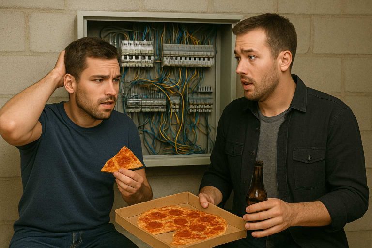 A home owner with a buddy helping with the electrcial. A friend helping another with his electrical issue.