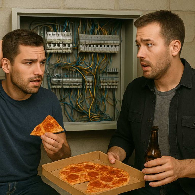 A home owner with a buddy helping with the electrcial. A friend helping another with his electrical issue.
